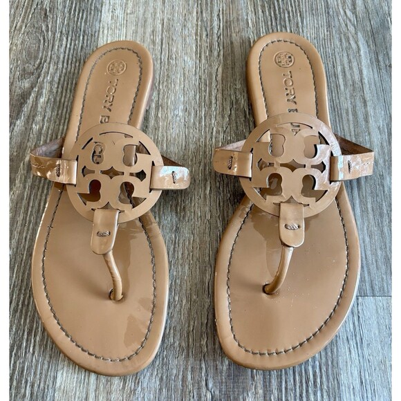 Tory Burch Miller Patent Leather Thong Sandals Women's Tan Brown Size US 8M - Picture 2 of 5
